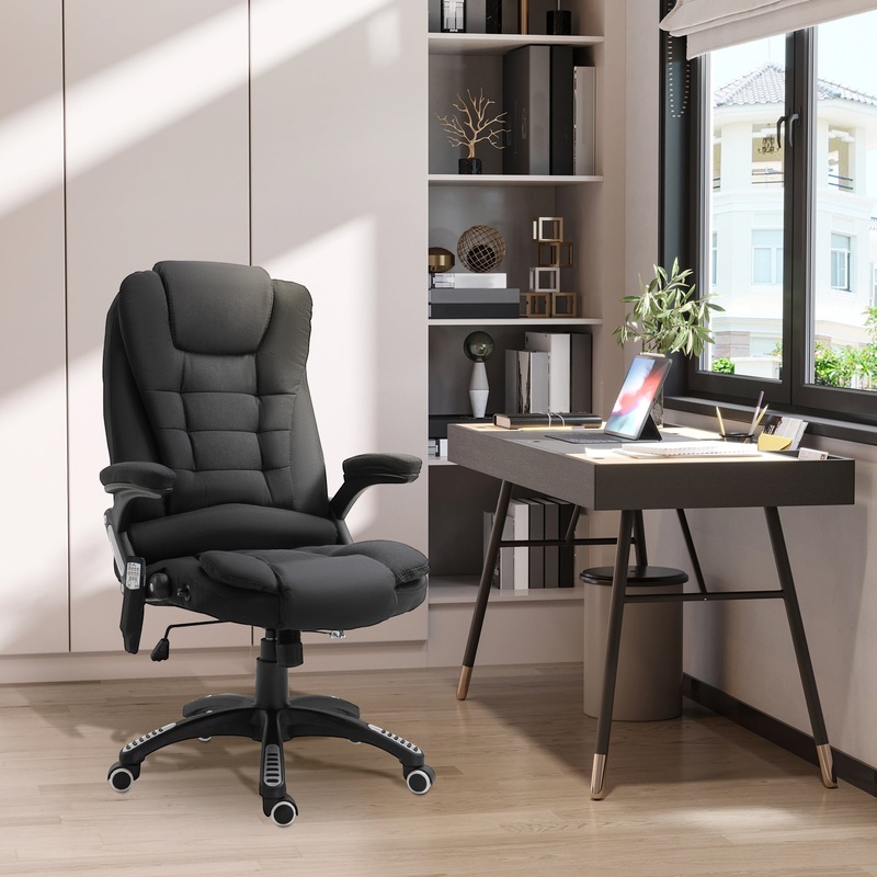 Massage Recliner Chair Heated Office Chair with Six Massage Points Linen-Feel Fabric 360 Swivel Wheels Black