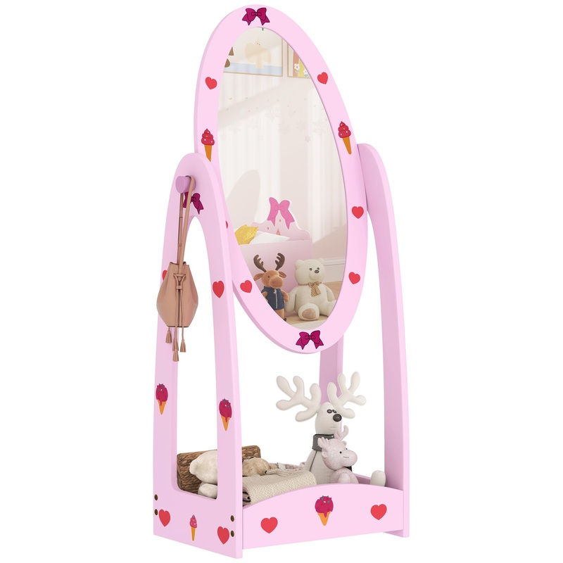 360 Rotating Kids Full Length Mirror with Storage Shelf, Hot Pink