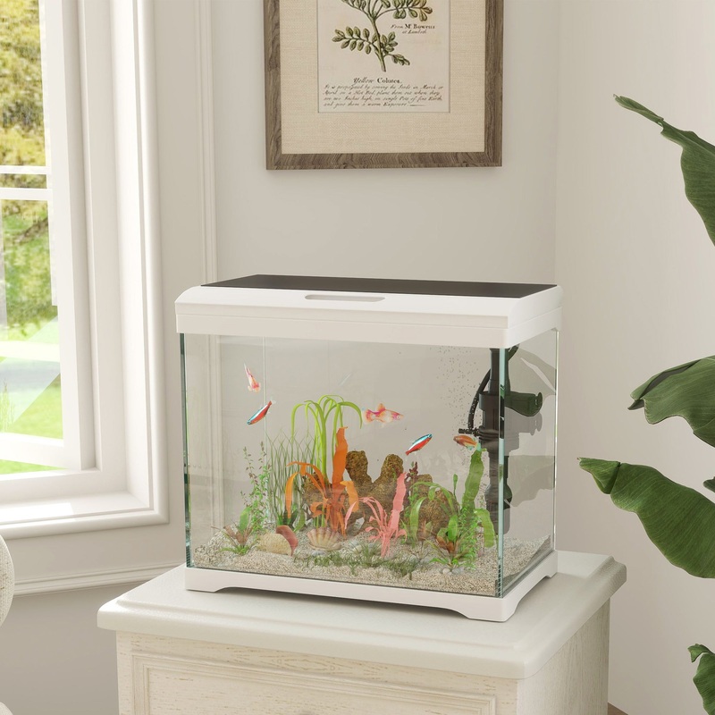 27L Fish Tank, Glass Aquarium with Filter System, LED Light, Water Pump, Fish Tank Starter Kits for Betta, Goldfish, Shrimps, Cold Water Fish, White