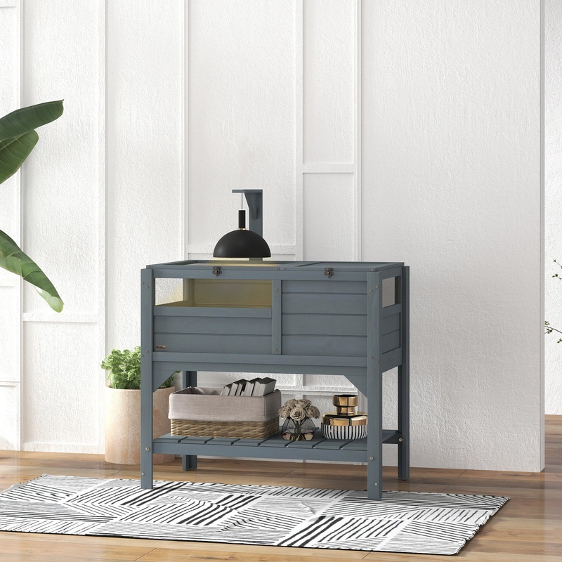 Tortoise House w/ Shelf, Small Pet Reptile Wooden House w/ Hide Shelter Den and Run, Lamp Holder, Tray, for Indoors, Outdoors – Grey