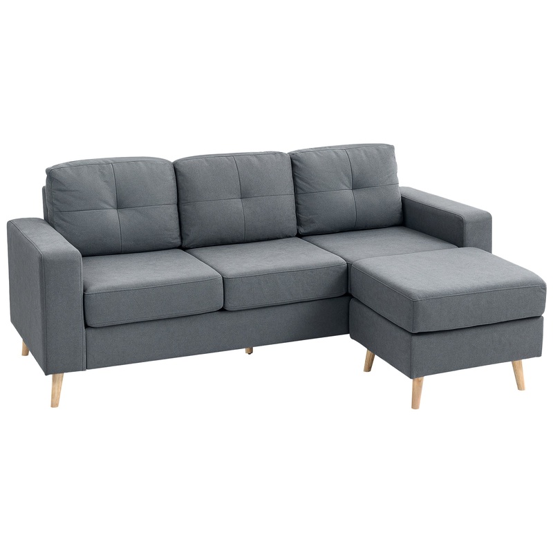 3-Seater L-Shaped Linen Sofa w/ Sponge Seat Back Cushions, Dark Grey