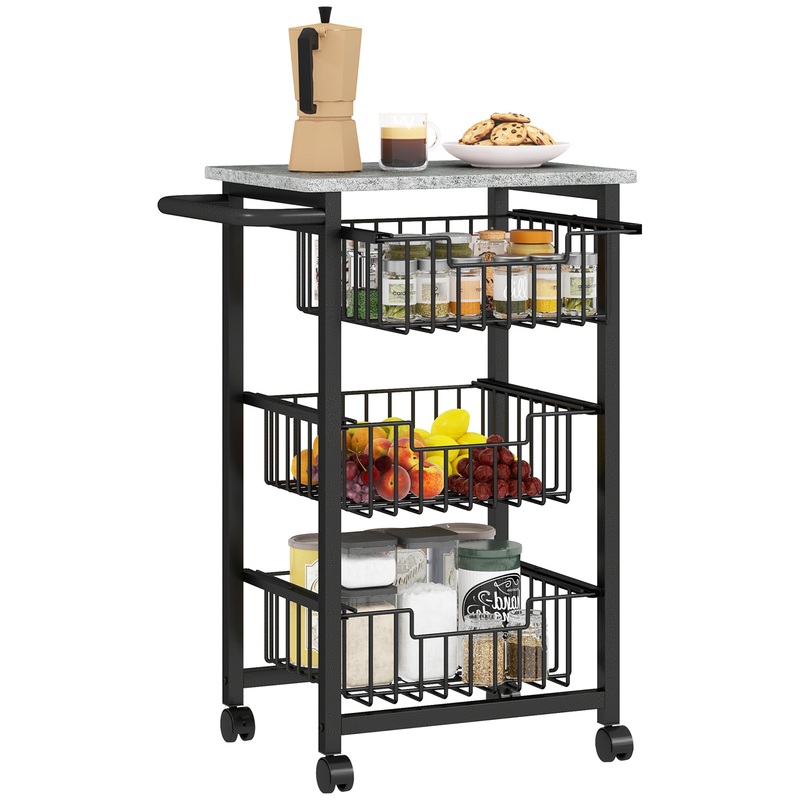 3-Tier Kitchen Island on Wheels with 3 Pull-Out Baskets, Light Grey