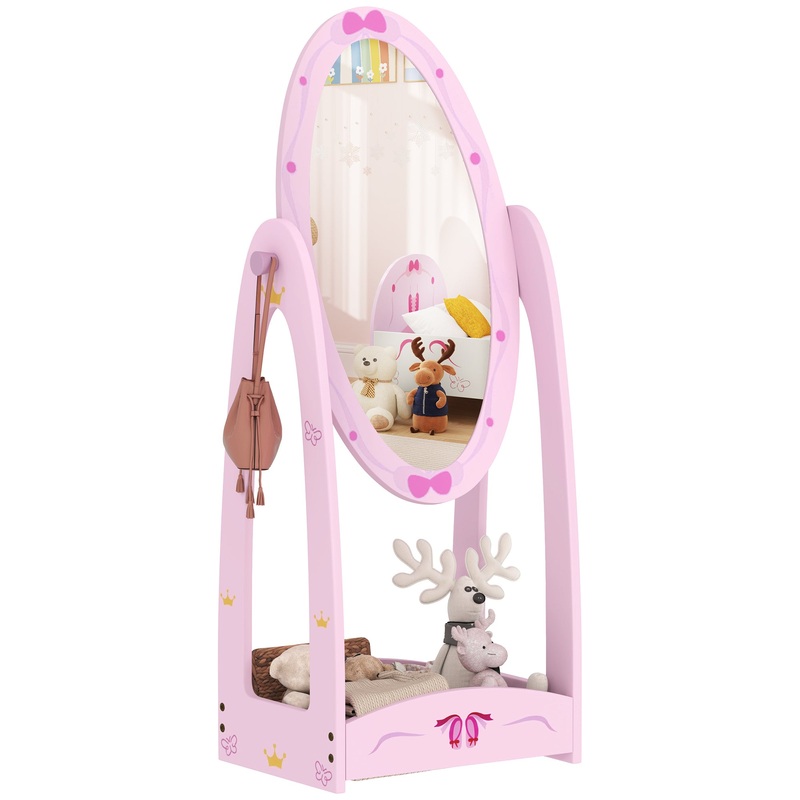 360 Rotating Kids Full Length Mirror with Storage Shelf, Pink