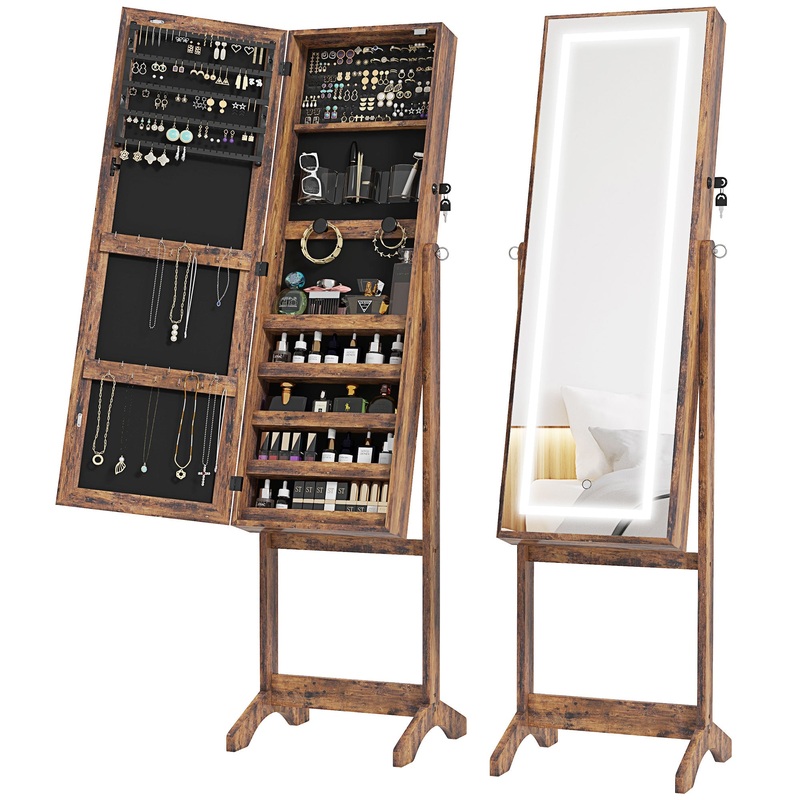 Mirrored Jewellery Cabinet W/ LED Light Lockable Jewellery Rustic Brown