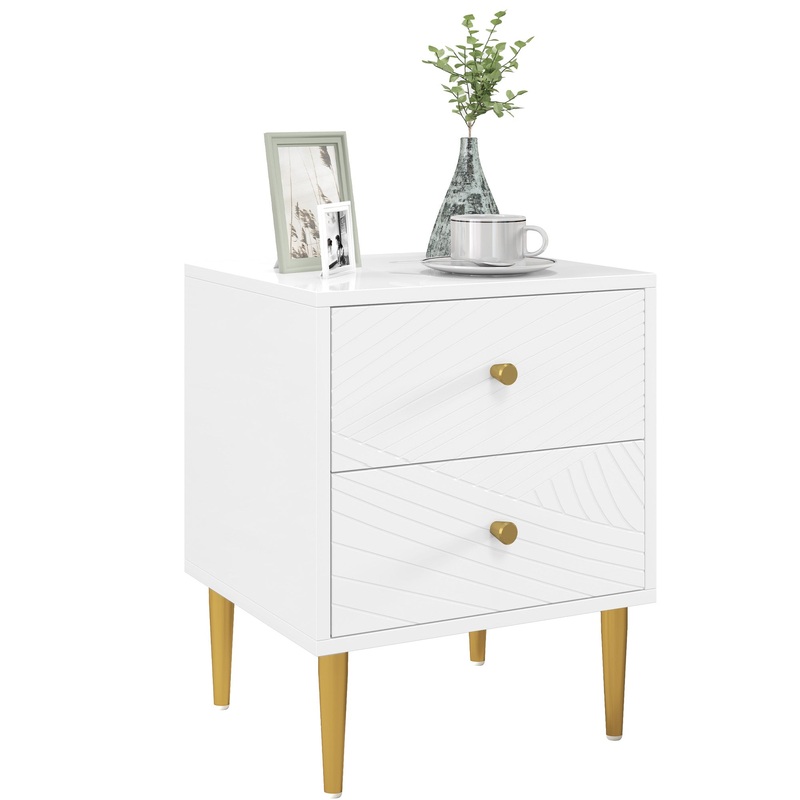 Modern Bedside Table with Drawer, Side Table with Metal Legs, White