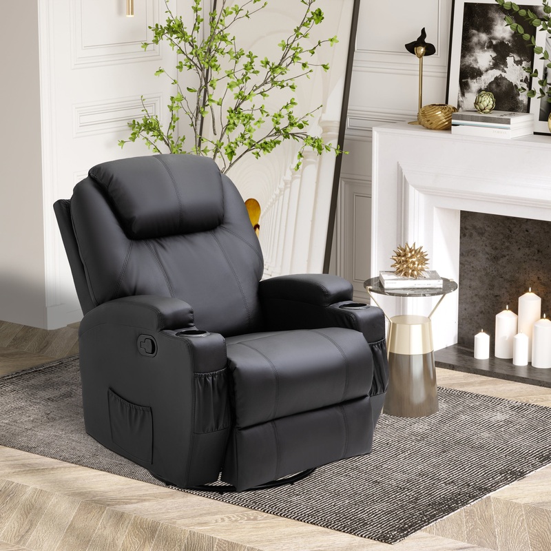 Recliner Armchair Massage Swivel PU Leather Reclining Chairs with Adjustable Leg Rest, Cup Holder, Side Pocket, for Home Living Room, Black