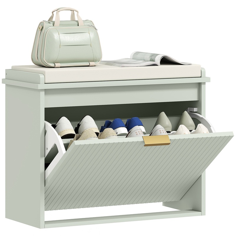 Shoe Storage Bench with Cushion and Flip-Drawer 62x26x47.5cm Green