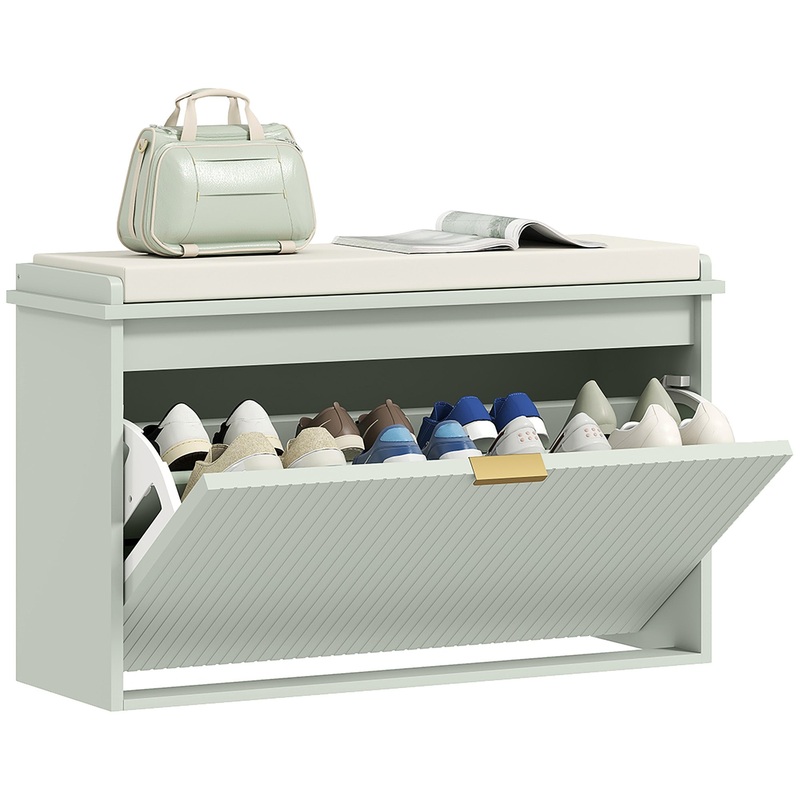 Shoe Storage Bench with Cushion and Flip-Drawer 80x26x47.5cm Green
