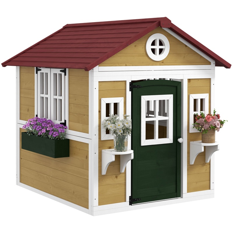 Wooden Playhouse with Doors, Windows, Plant Pots, Boxes, for 3-8 Years – Beige
