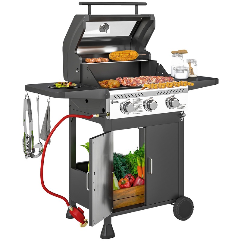 3 Burner Propane Gas BBQ Grill with See-through Lid and Thermometer