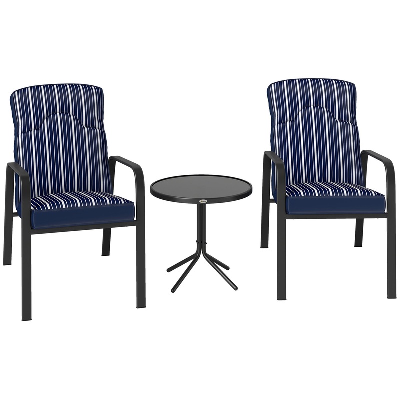 3-Piece Recliner Garden Chairs and Tempered Glass Table Set, Blue