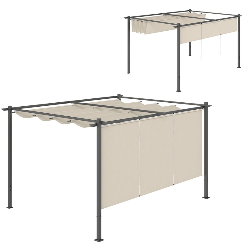 3 x 4m Metal Pergola with Retractable Roof and Roller Shade, Beige