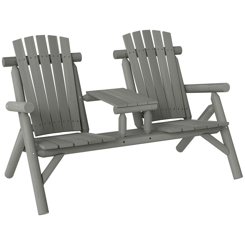 Wood Patio Bench 2 Seats w/ Centre Coffee Table, Grey