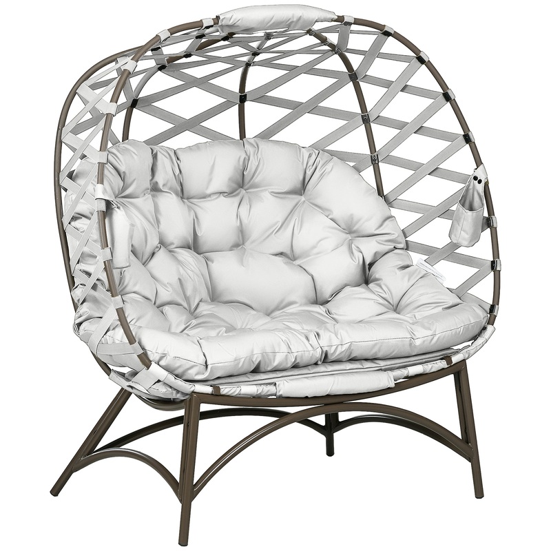 2 Seater Egg Chair Outdoor with Cushion, Cup Pockets – Light Grey