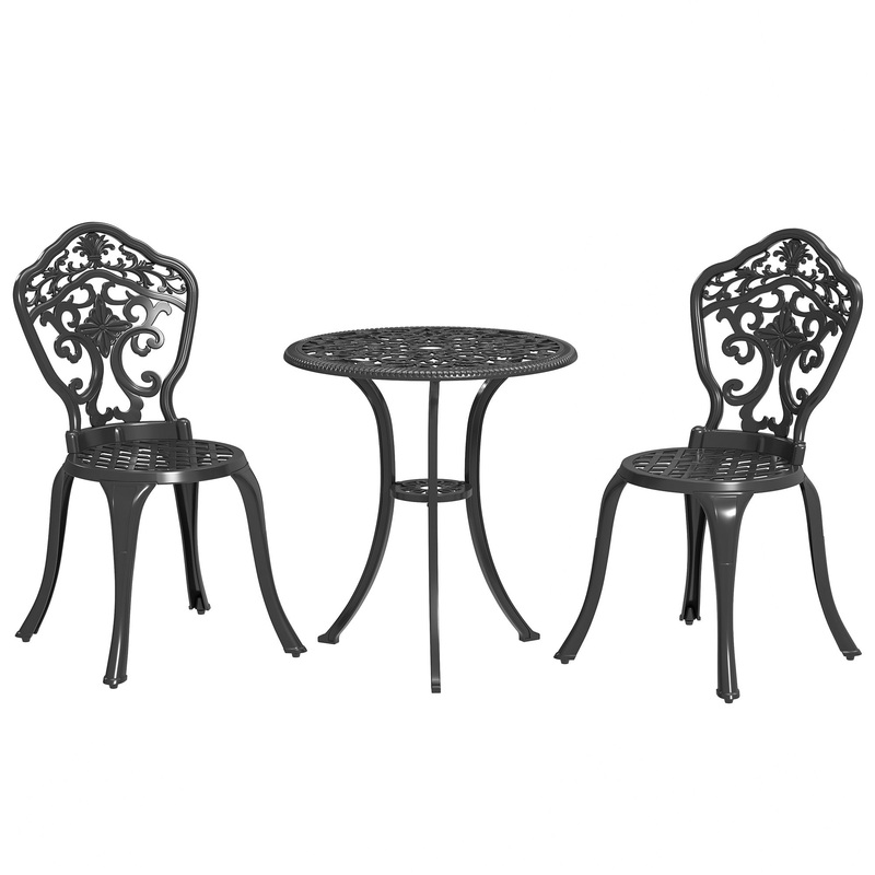 3 PCs Cast Aluminium Bistro Set w/ Parasol Hole for Balcony, Black