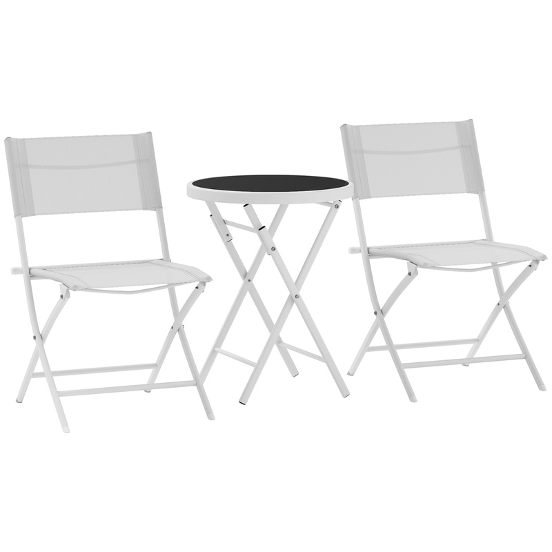 3 Pieces Outdoor Bistro Set, Glass Top Table and Chairs, White