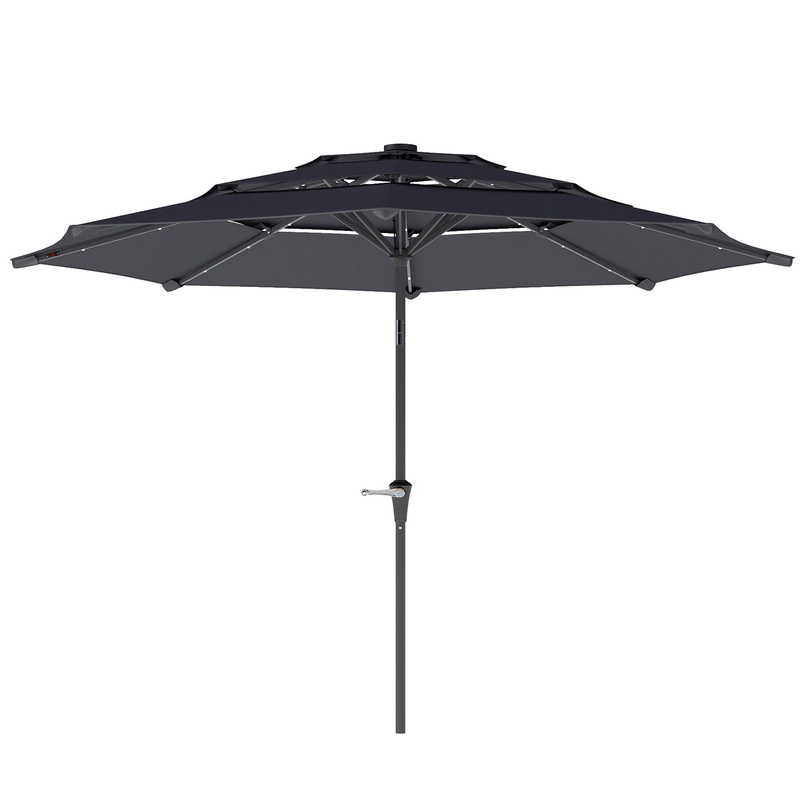3-Tier Garden Parasol w/ Solar LED Lights, Tilt, Crank Handle, Grey