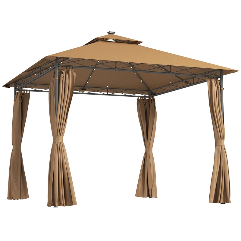 3 x 3 m Double Roof Outdoor Gazebo with Curtains, Brown