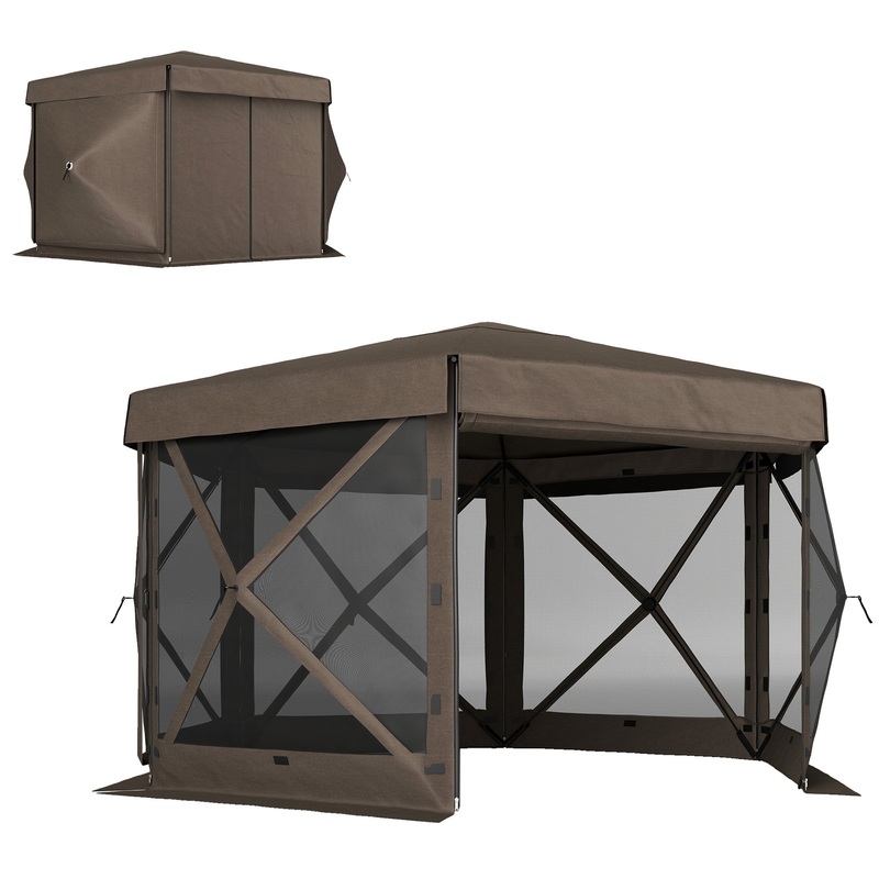 3 x 3(m) Hexagon Pop Up Gazebo with 5 Sides, Netting, Brown