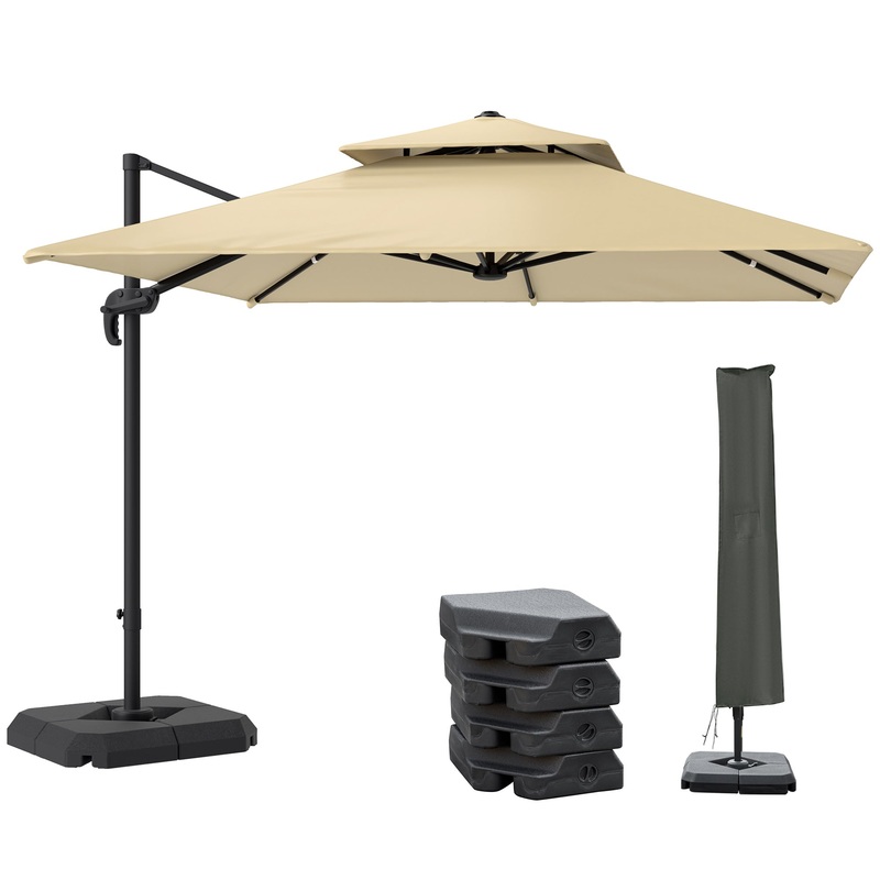 360 Cantilever Parasol Roma Umbrella w/ Base Weights, Khaki