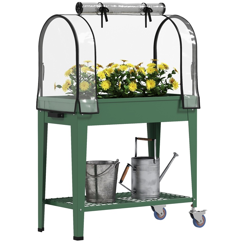 Mobile Raised Garden Bed with Greenhouse Cover, Green