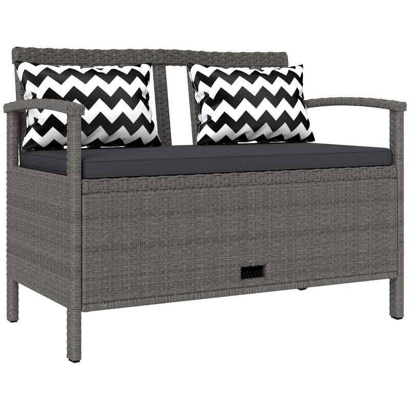 160L Rattan Garden Storage Bench, Cushioned Outdoor Bench, Grey
