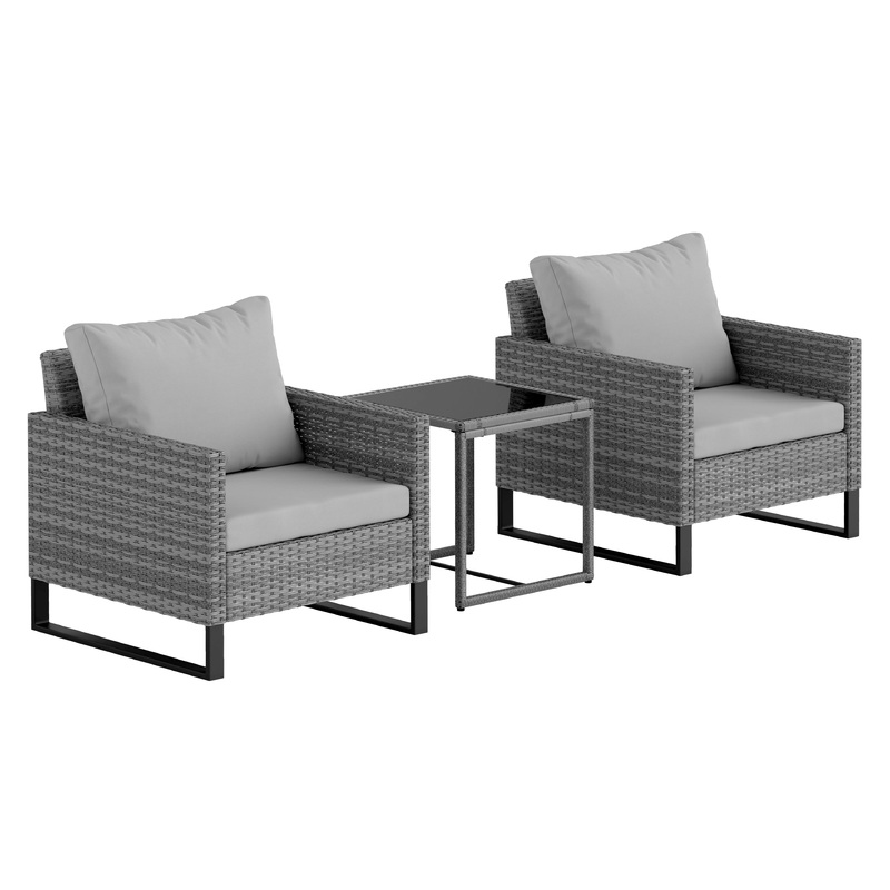 3PCS Rattan Bistro Set Glass Top Table and Chairs with 4 Cushions Grey