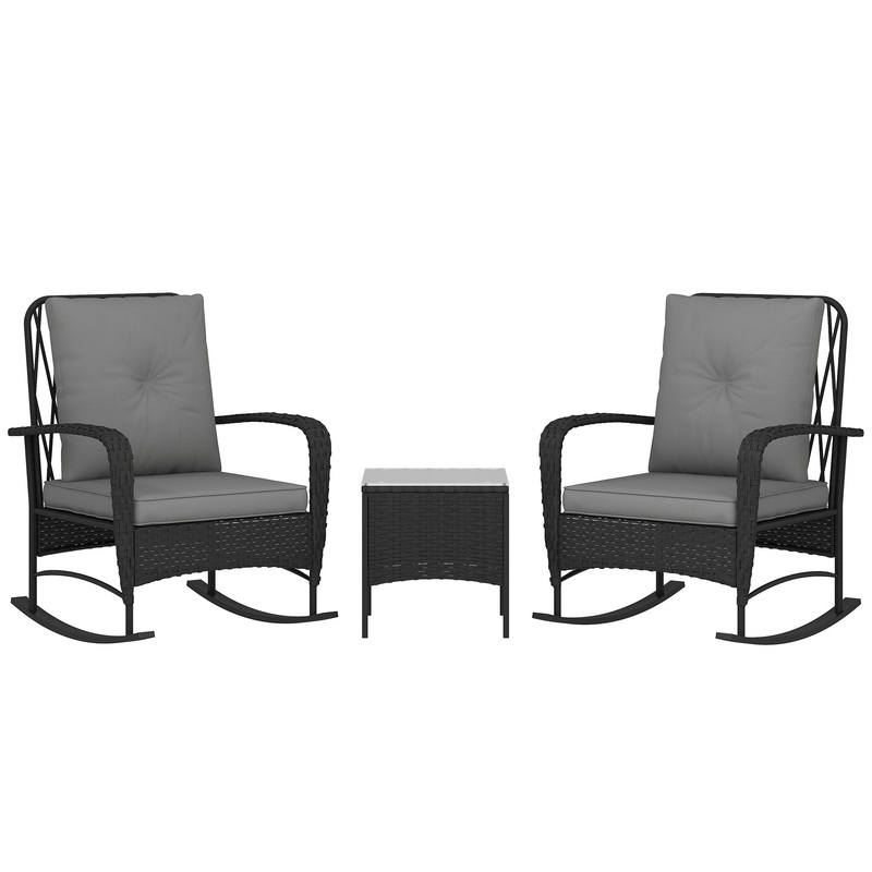 Rattan Bistro Set Balcony Furniture with Rocking Chairs, Black