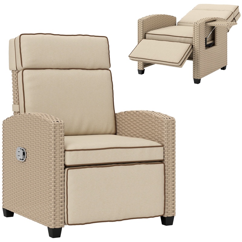 Rattan Garden Recliner Sun Lounger w/ Flip Table, Yellow/Beige