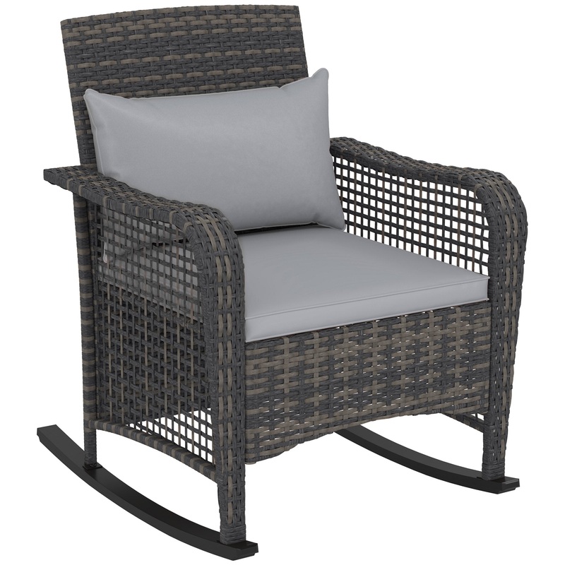 Rattan Garden Rocking Chair w/ Seat and Back Cushions, Light Grey