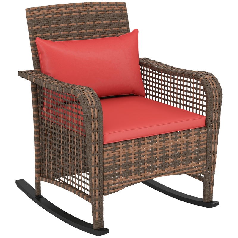 Rattan Garden Rocking Chair w/ Seat and Back Cushions, Red