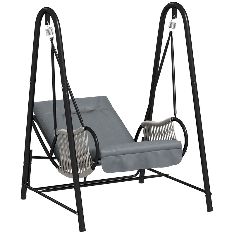 Rattan Swing Chair with Stand and Seat Cushion, Light Grey