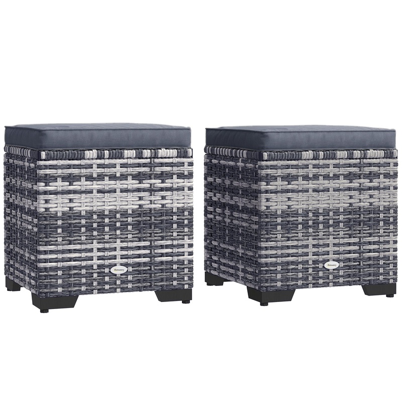 Set of 2 Rattan Footstool, Storage Ottoman w/ Cushions, Dark Grey