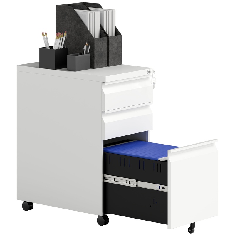 Steel File Cabinet with Lock and Wheels for Home Office, White