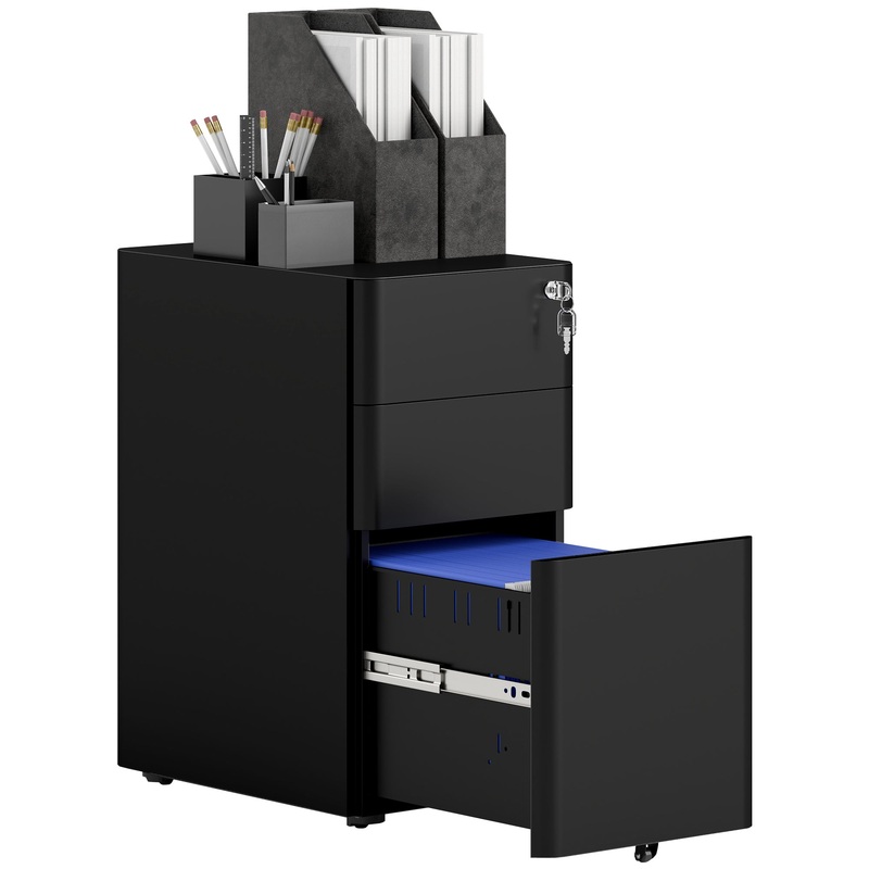 Steel Filing Cabinet with Lock and Wheels for Home Office, Black