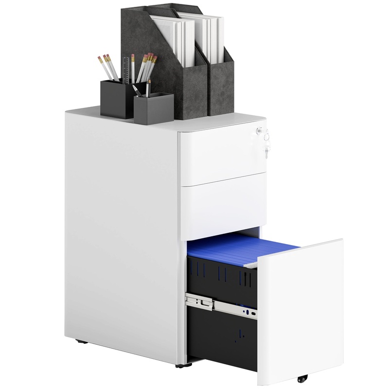 Steel Filing Cabinet with Lock and Wheels for Home Office, White