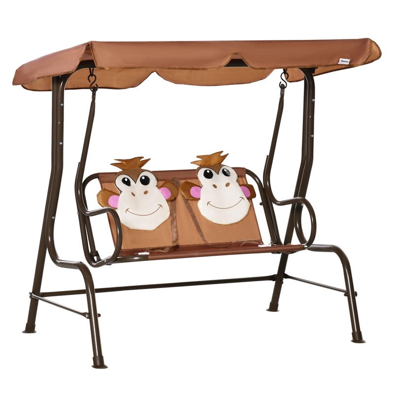 2 Seat Kids Canopy Swing Chair w/ Adjustable Awning, Seatbelt – Brown