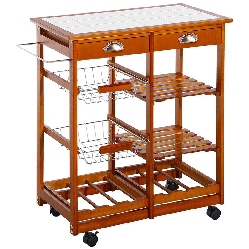 Rolling Kitchen Island Trolley Serving Cart with Basket, Honey Colour