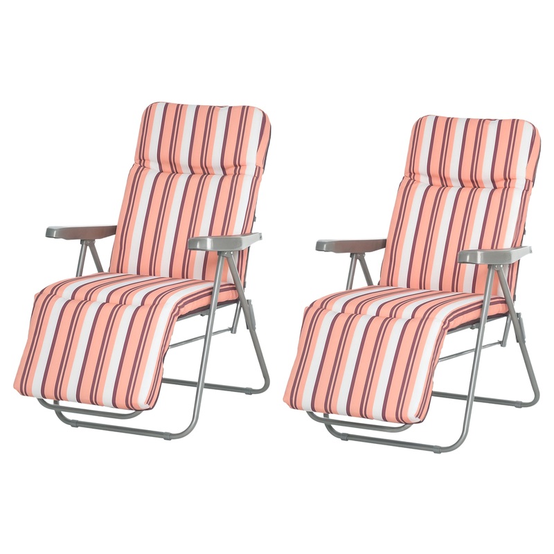 Set of 2 Adjustable Sun Lounger Recliner Reclining Seat Orange/White