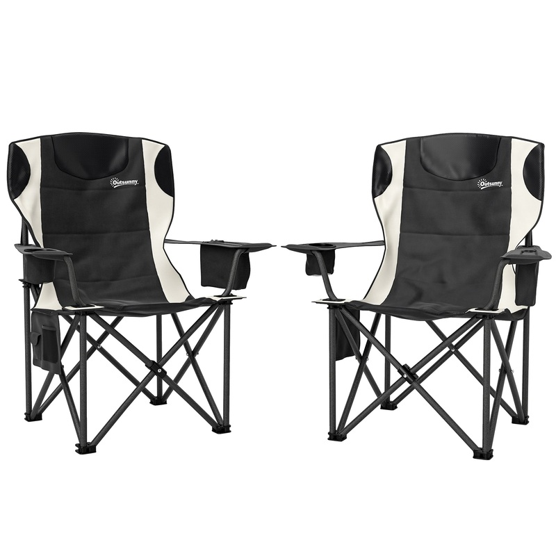 Set of 2 Padded Folding Picnic Chairs with Cooler Bag, Black