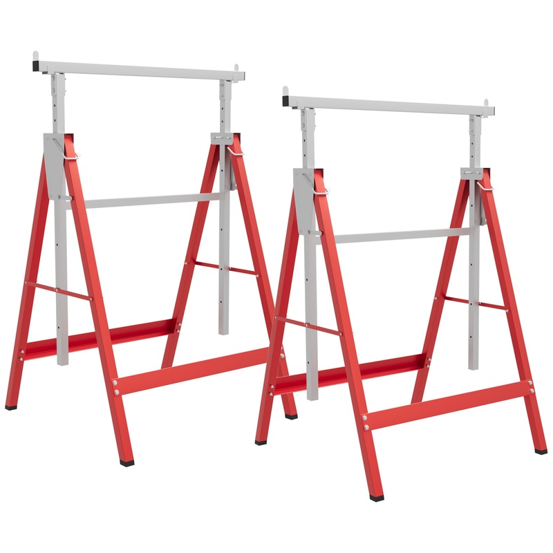 Set Of 2 Steel Saw Horses Telescopic Builders Work Bench Folding Red