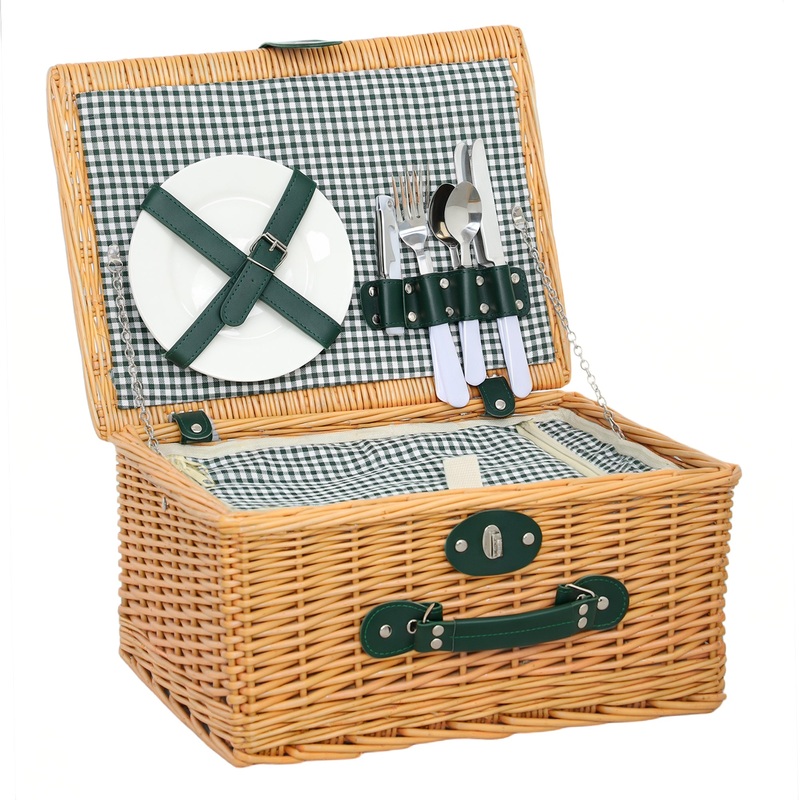 Wicker Picnic Basket for 2 w/ Insulated Cooler Bag, Light Brown