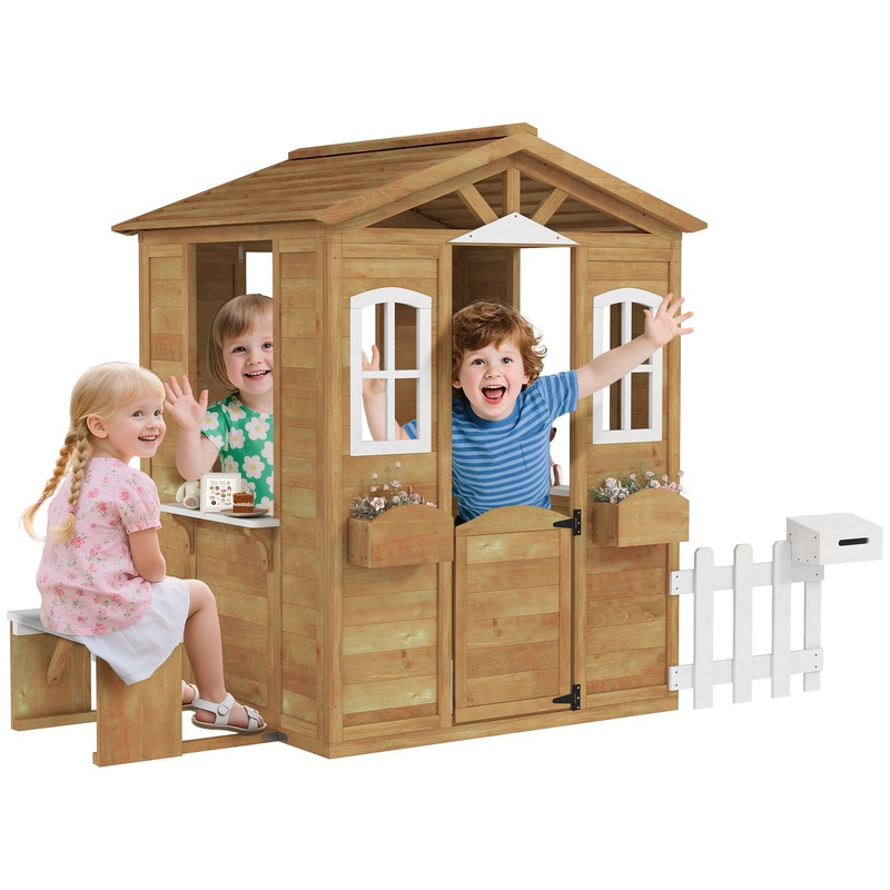 Wooden Outdoor Playhouse w/ Door Windows Bench for Kids Children