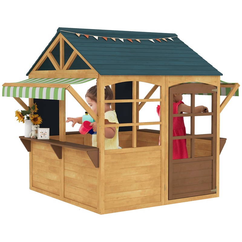 Wooden Playhouse for Kids Outdoor, Foldable Wendy House, Brown