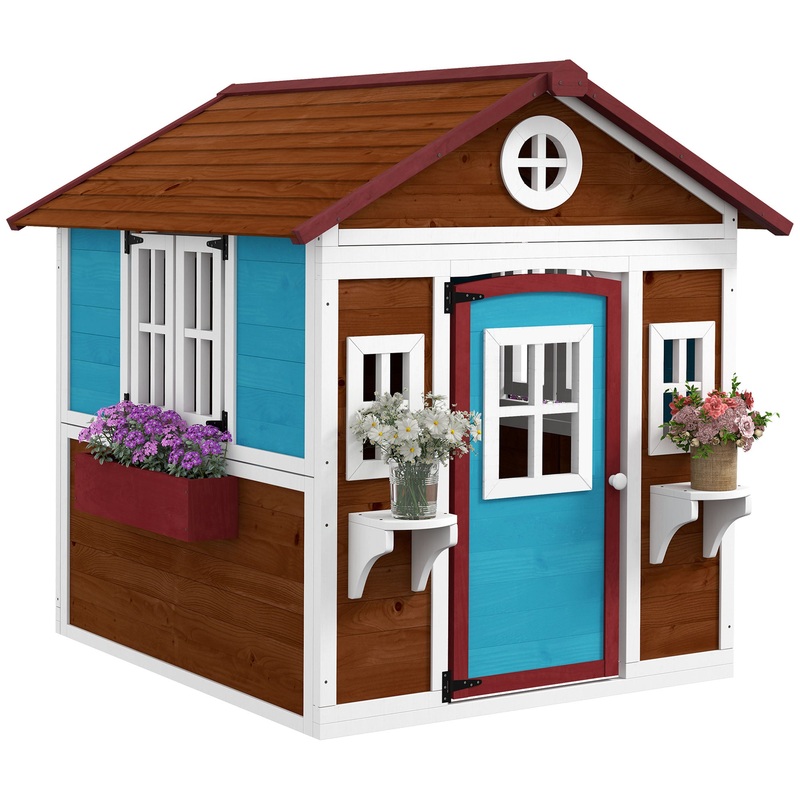 Wooden Playhouse with Doors, Wooden, Plant Pots for Kids – Dark Brown