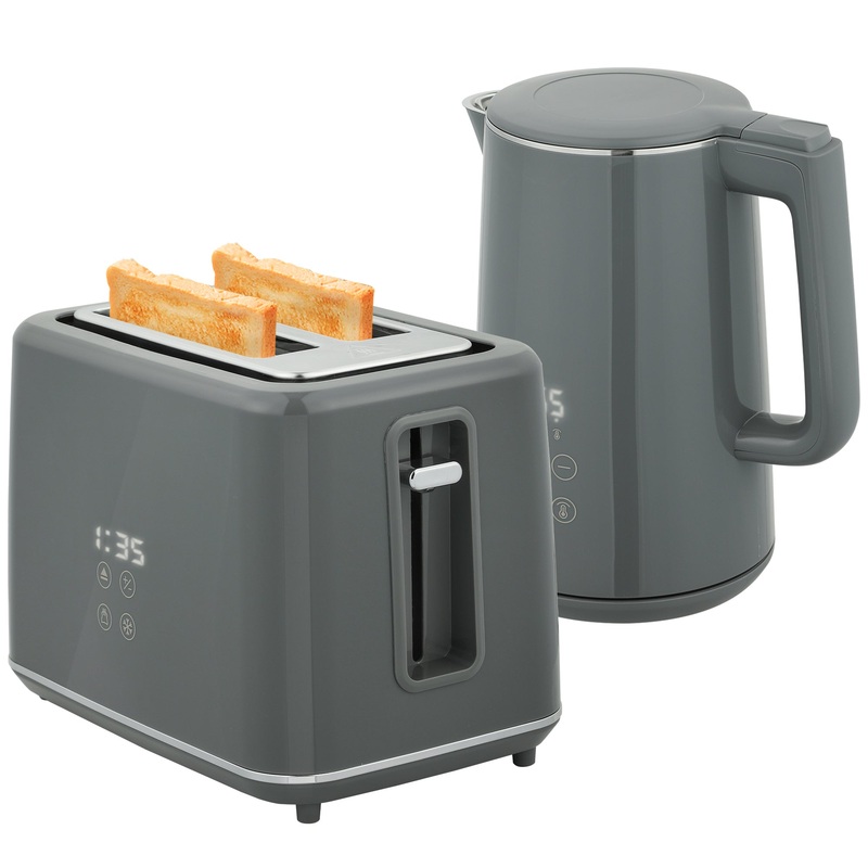 1.5L 3000W Fast Boil Electric Kettle and 2 Slice Toaster Set, Grey