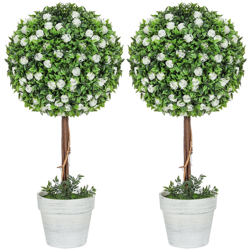 Set of 2 Artificial Plants with Rose Flower in Pot, 60cm, White
