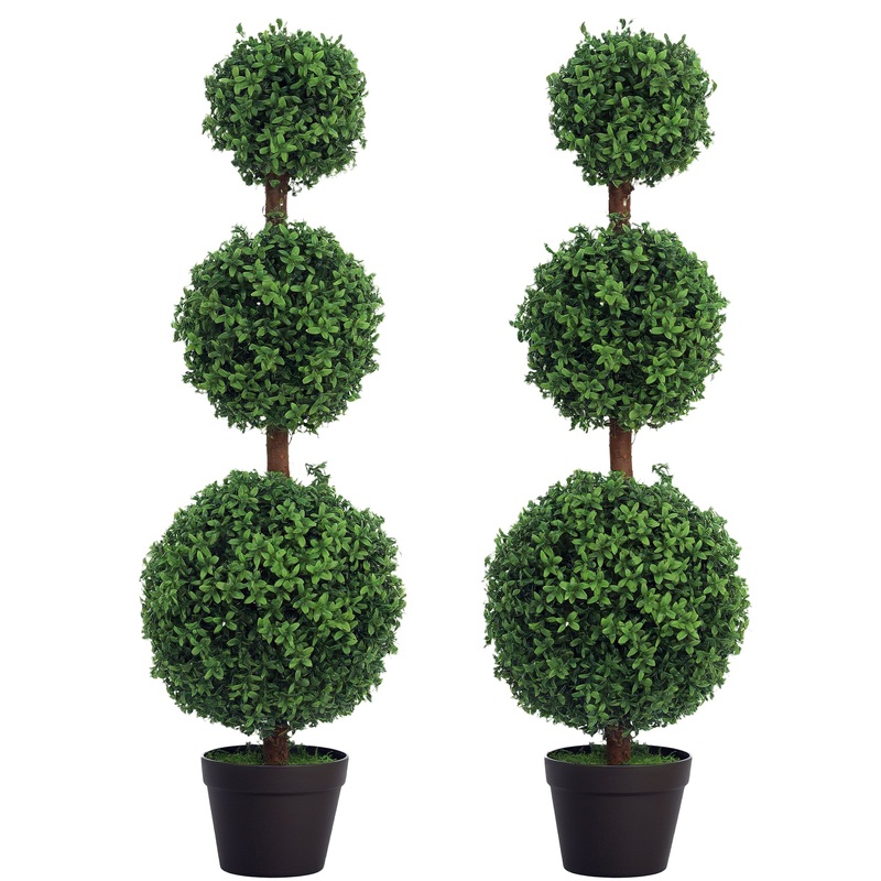 Set of 2 Decorative Artificial Plants Boxwood Trees in Pot, Green