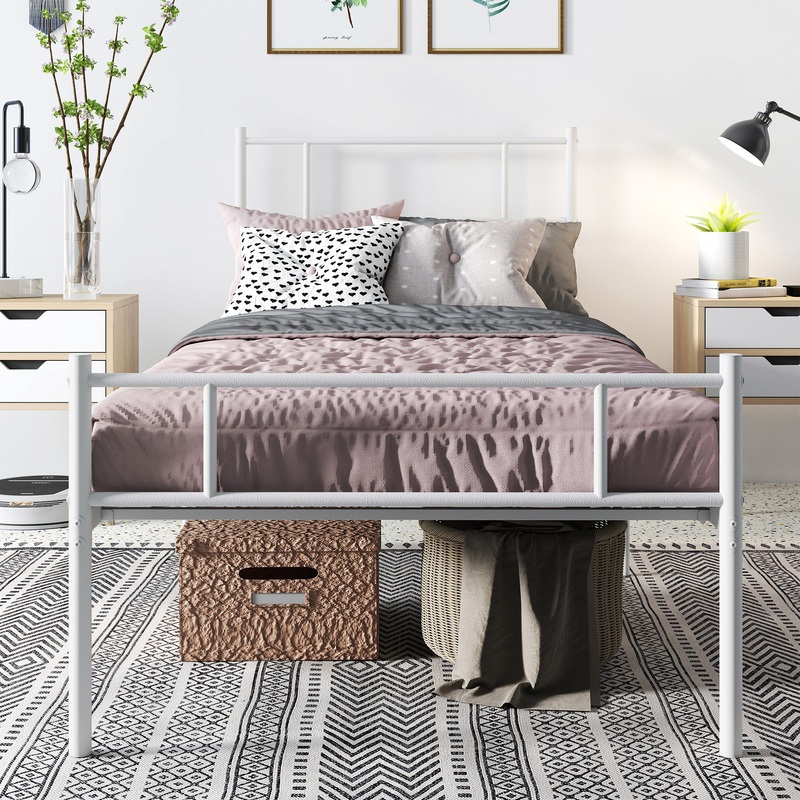 Single Metal Bed Frame w/Headboard Footboard, Underbed Storage, White