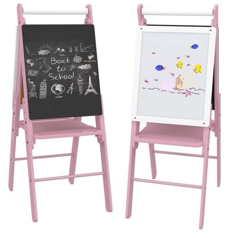Three-in-One Easel for Kids, with Paper Roll, Adjustable Height – Pink